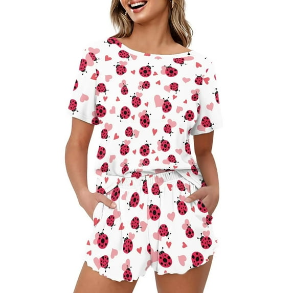 Yuyamidu Summer Pajamas Set Short Sleepwear 2 Piece for Women Ladybug Love Heart Short Sleeve Top with Shorts Comfy Loungewear Pjs Trendy Cozy Nightwear