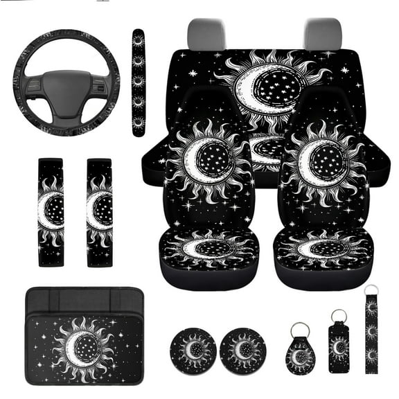 Yuyamidu Sun and Moon Auto Seat Cover Full Set Black Steering Wheel Cover Seatbelt Pads Cup Coaster Car Armrest Cover Key Ring, Car Accessories Set of 13