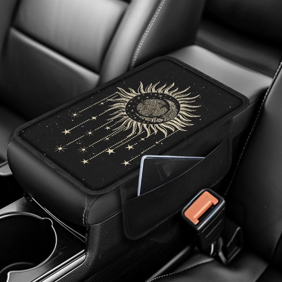 Yuyamidu Sun and Moon Car Armrest Cover with Pockets Black Auto Armrest Pad Soft Car Center Console Armrest Cushion Cover Accessories for Most Vehicles