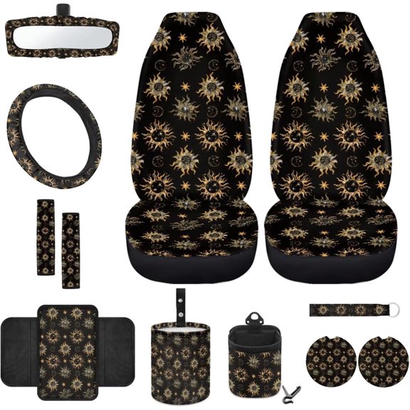 Yuyamidu Sun and Moon Car Front Seat Cover Set with Steering Wheel Cover Seat Belt Cover Trash Can Armrest Cover Rear View Mirror Cover Coasters Keychain Air Vent Storage Bag, 12 Pieces