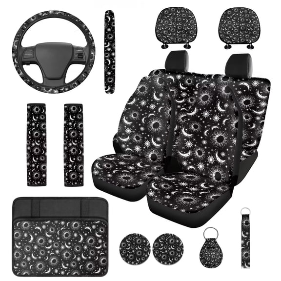 Yuyamidu Sun and Moon Car Seat Cover Full Set of 14 Auto Steering Wheel Cover Headrest Covers Seat Belt Strap Pads Cup Coasters Armrest Cover Pad Keychain, Black