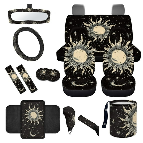 Yuyamidu Sun and Moon Car Seat Cover Full Set of 14 Steering Wheel Cover Auto Seatbelt Pads Cup Coaster Trash Can Rear View Mirror Cover Coasters Armrest Cover Gear Shift Knob Cover Set
