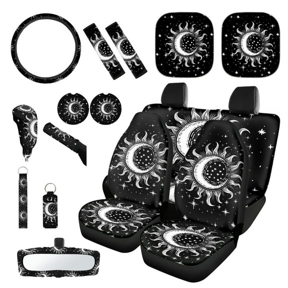 Yuyamidu Sun and Moon Car Seat Cover Full Set of 16 Black Steering Wheel Cover Seat Belt Strap Cover Sunshade Gear Shift Hand Brake Cover Rear View Mirror Cover Coaster Keychain Car Decor