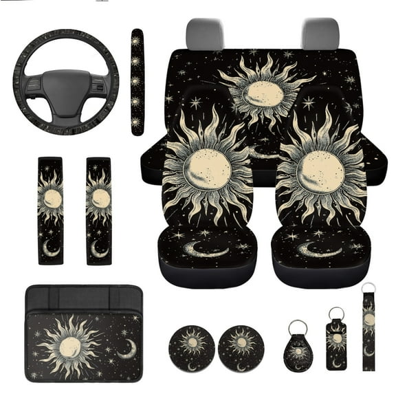 Yuyamidu Sun and Moon Car Seat Covers Full Set of 13 Black Steering Wheel Cover Safe Belt Pads Cup Holders Car Center Console Cover Lip Balm Holder Keychain Auto Interior Sets