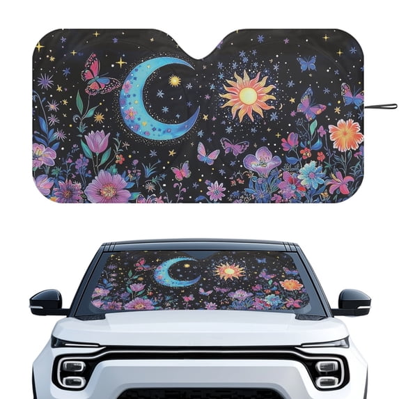 Yuyamidu Sun and Moon Car Sunshade for Windshield Sun Shade Car Interior Accessories Flower Automotive Sun Protection Visors Butterfly Car Windshield Cover