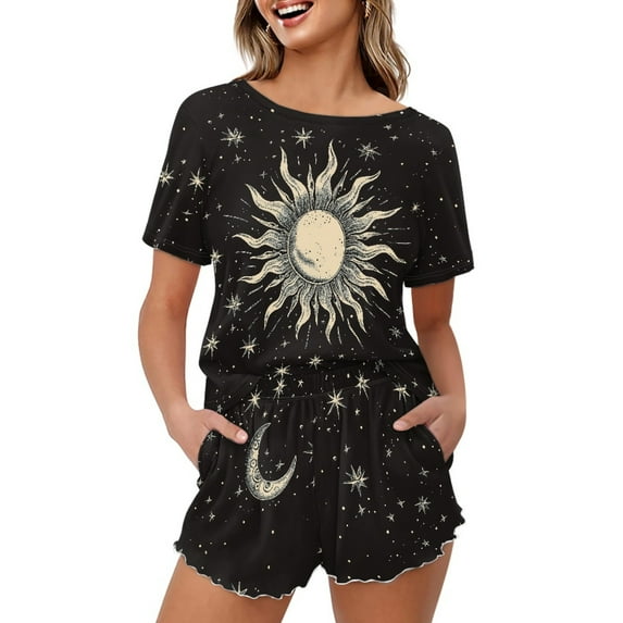 Yuyamidu Sun and Moon Pajamas Set of 2 Novelty Crewneck Sleepwear Summer Short Sleeve Sleepwear Tops and Ruffle Hem Shorts Black Pjs Sleep Set Size 2XL
