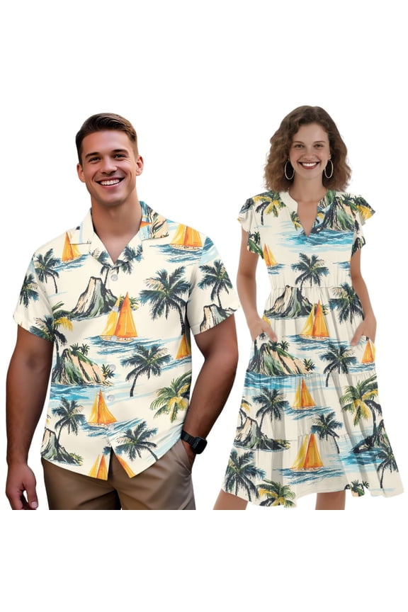 Sun and Sea Matching Outfits Palm Tree Graphic Mens Vacation Button Down Womens Palm Tree Sundress Palm Tree Matching Vacation Outfits for Couples Flowy