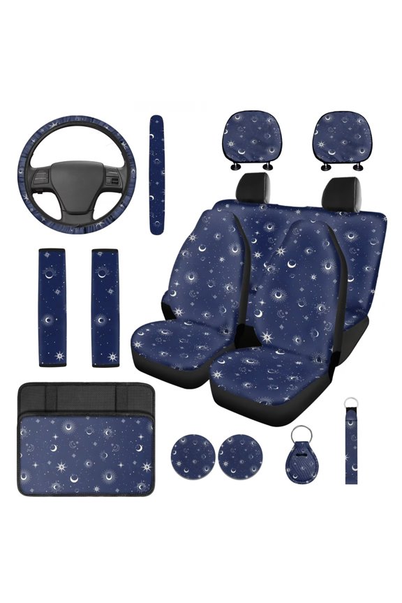 Sun and Moon Car Seat Cover Set of 14 Blue Steering Wheel Cover Seat Belt Pad Cup Holder Headrest Covers Auto Armrest Cover Key Chain
