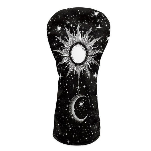 Yuyamidu Sun and Moon Golf Head Covers for Driver Fairway Woods Headcovers PU Leather Golf Club Head Cover Black Golf Club Covers