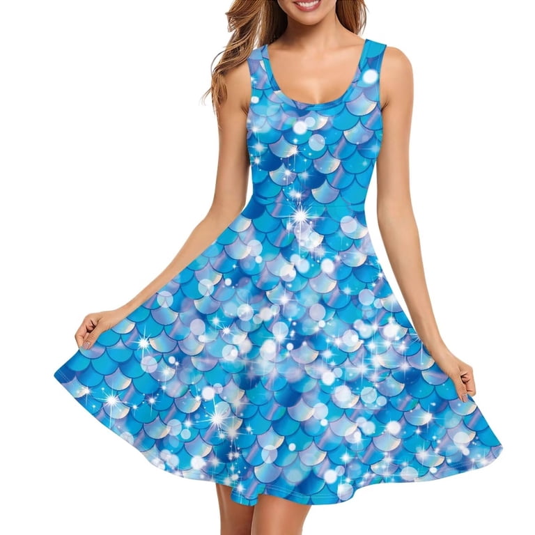 blue fish dress Yuyamidu Women's Sleeveless Casual Tank Pink Flower Butterflies Pattern Women's Dresses with Pocket Scoop Neck High Waist A Line Sundress Midi Do not bleach for