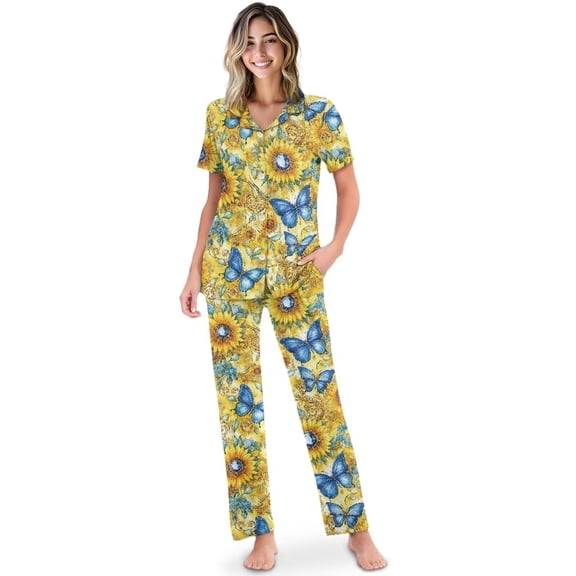 Yuyamidu Sunflower Butterfly 2 Piece Sleepwear Sets Womens Button Down Shirt Short Sleeve with Pants Notch Collar Casual Summer Loungewear