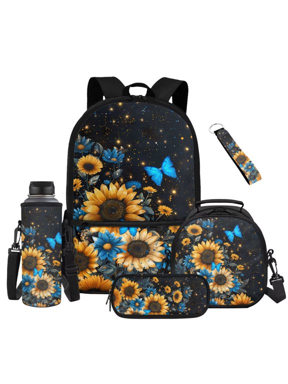 Sunflower Butterfly Backpack for Girls 8-12 with Lunchbox, Water Bottle Pouch, Pencil Case & Keychain Set of 5, 17 Inch Large Capacity Bookbag for 3rd-6th Grade, Back to School Supplies