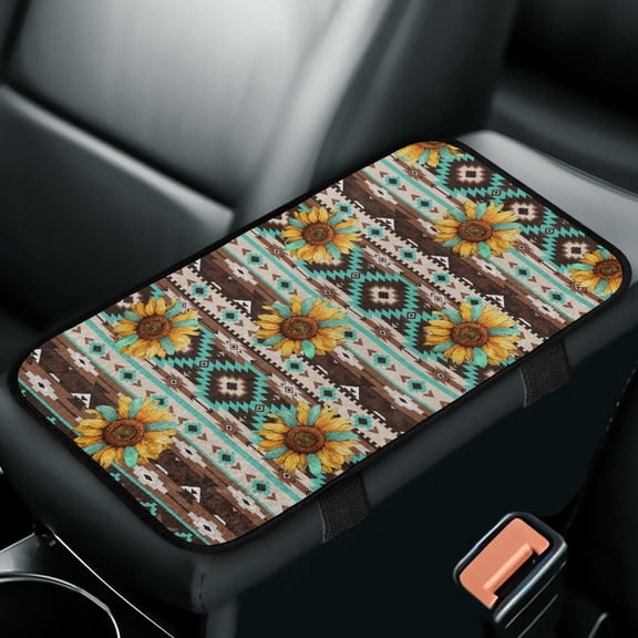 Yuyamidu Sunflower Car Armrest Pad Cover Aztec Center Console Cover for Car Flannel Auto Center Console Pad Anti-Scratch Arm Rest Cover Accessories for Most Cars SUVs Trucks