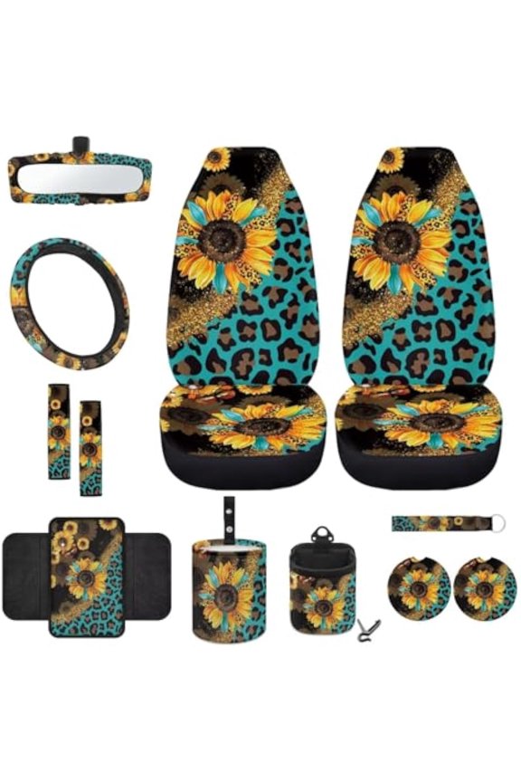 Sunflower Car Seat Cover Full Set 12pcs Leopard Print Front Seat Cover Steering Wheel Cover Seatbelt Pads Armrest Cover Trash Can Air Vent Holder Rearview Mirror Cover Coasters Keychain