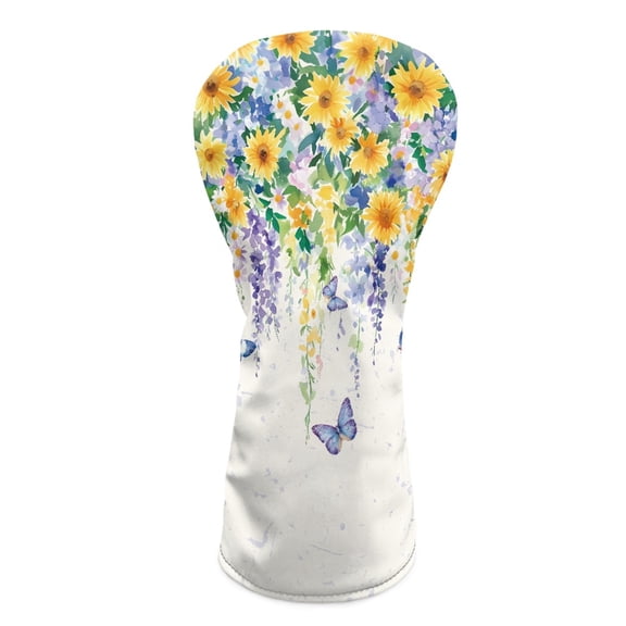Yuyamidu Sunflower Daisy Golf Club Head Covers Butterfly Driver Headcover Hybrid Headcover Fairway Wood Head Covers PU Leather for Golf Clubs