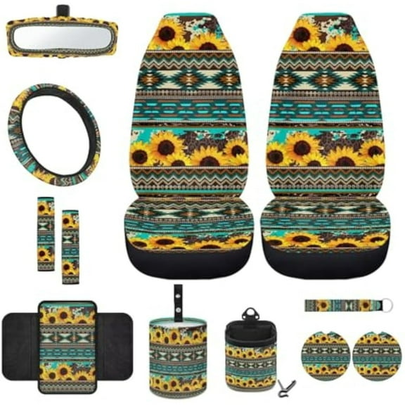 Yuyamidu Sunflower Front Car Seat Cover Set of 12 Green Aztec Ethnic Steering Wheel Seat Belt Covers Armrest Pad Trash Bag Air Vent Bag Rear View Mirror Cover Cup Holders Key Chain Car Accessories