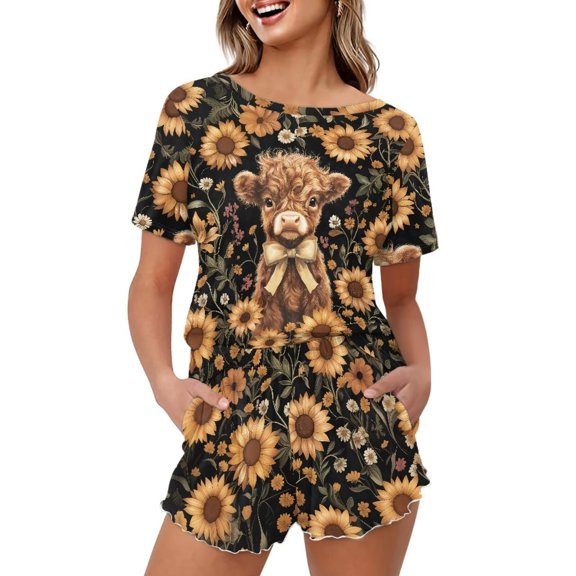 Yuyamidu Sunflower Highland Cow Women's 2 Piece Pajama Set Matching Pjs Sets Cute Printed Sleepwear Cozy Lounge Sets with Pockets