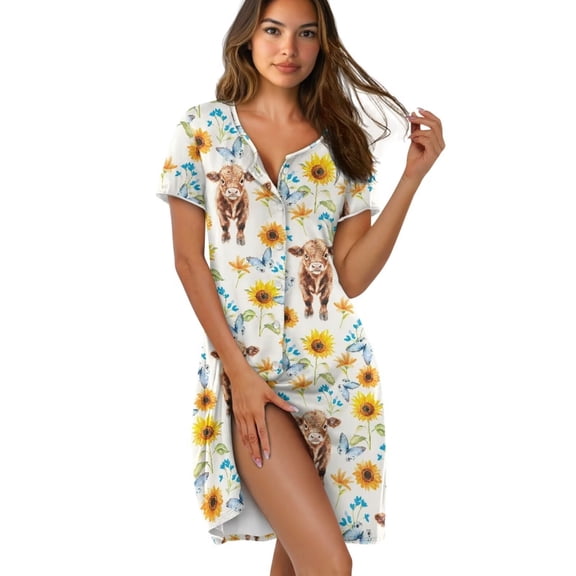 Yuyamidu Sunflower Highland Cow Women's Nightgowns Button Down Night Shirts Knee-Length Short Sleeve Cotton Lounge Dress