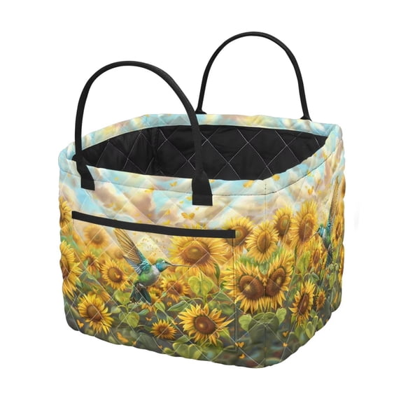 Yuyamidu Sunflower Hummingbird Quilted Storage Basket with Front Pocket Large Capacity Laundry Basket Collapsible Laundry Hamper Car Storage Basket for Organize Clothes Toys