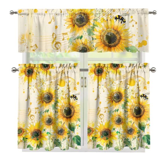 Yuyamidu Sunflower Kitchen Curtain Valance and Tiers 3 Panel Set Easy to Install Blackout Curtains for Bedroom Thicken Contemporary Trendy Valances for Living Room