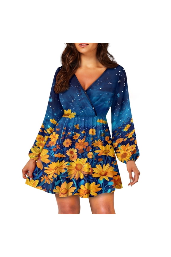 Sunflower Long Sleeve Dress for Beach Party Casual A Line Dresses Gym Sports Athletic Dresses for Women Size L Casual High Waistline Midi Dress