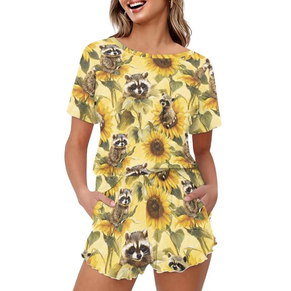 Yuyamidu Sunflower Raccoon Ladies' Pajama Set Short Sleeve Round Neck Top & Soft Shorts 2-Piece Sleepwear for Women Casual Cute Lounge Sets, Yellow