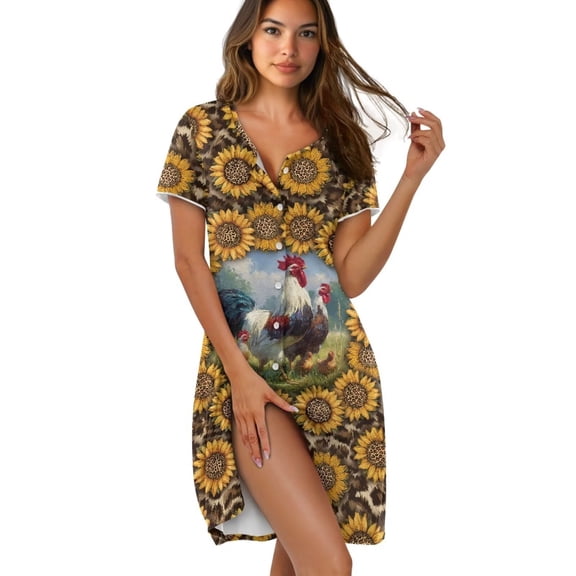 Yuyamidu Sunflower Rooster Women's Nightgown Funny Button Up Night Shirts Comfy Sleepwear Lounge Sleep Night Gown Housecoat