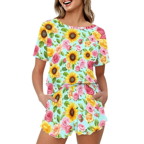 Yuyamidu Sunflower Rose Women Pajama Sets Shorts 2 Pack Two Piece Pj Set Sleepwear Crew Neck Casual Soft Loungewear with Pockets