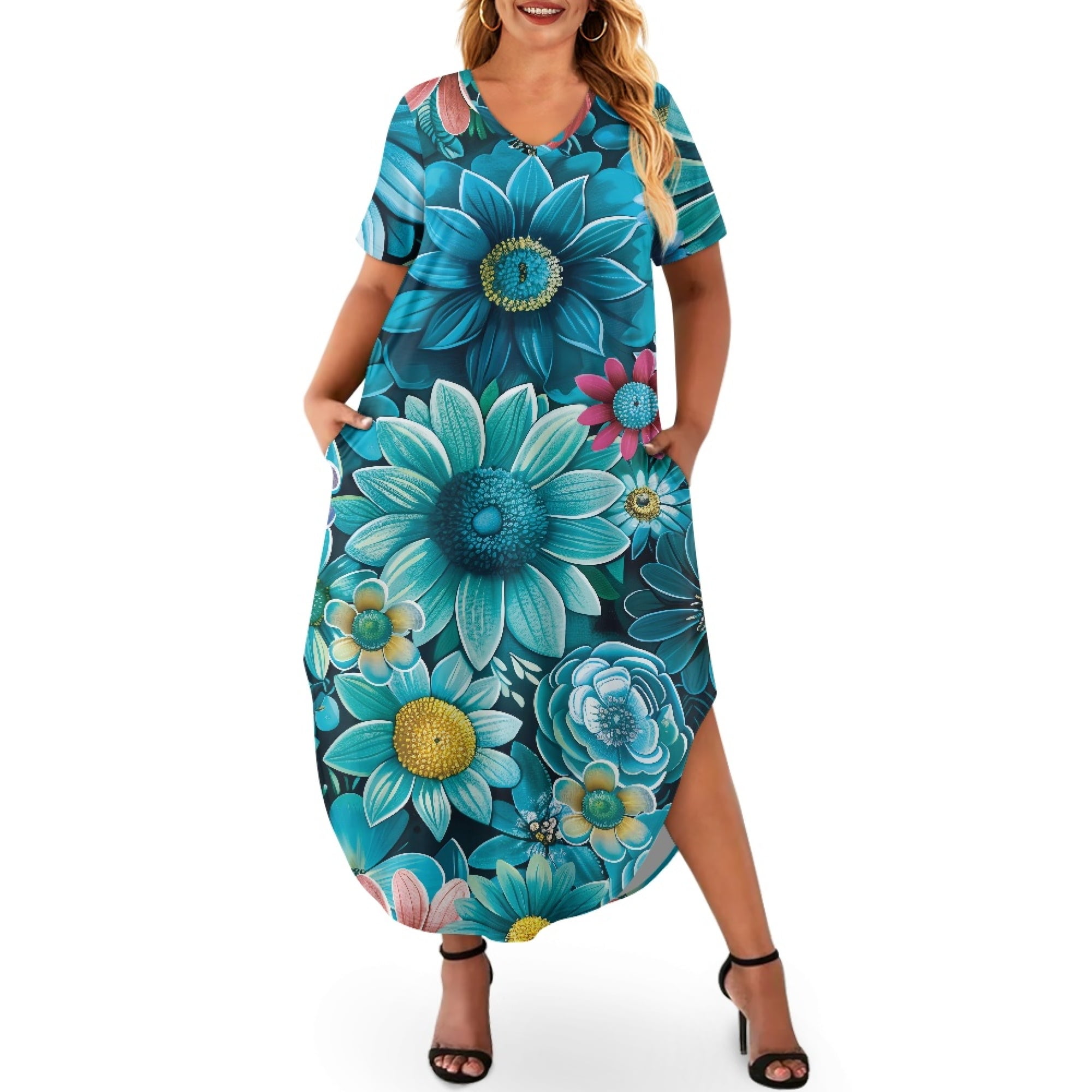 Yuyamidu Sunflower Short Sleeve Dress for Women Plus Size 2XL Blue Casual  Outfits Summer V Neck Long Dresses Novelty Maxi Dress with Pockets Daily ...