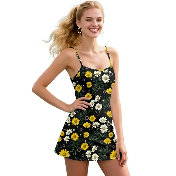 Yuyamidu Sunflowers Women Workout Tennis Dress with Built-in Shorts, Daisy Cross Back Shoulder Straps Sleeveless Golf Dress with Pockets, Size XS