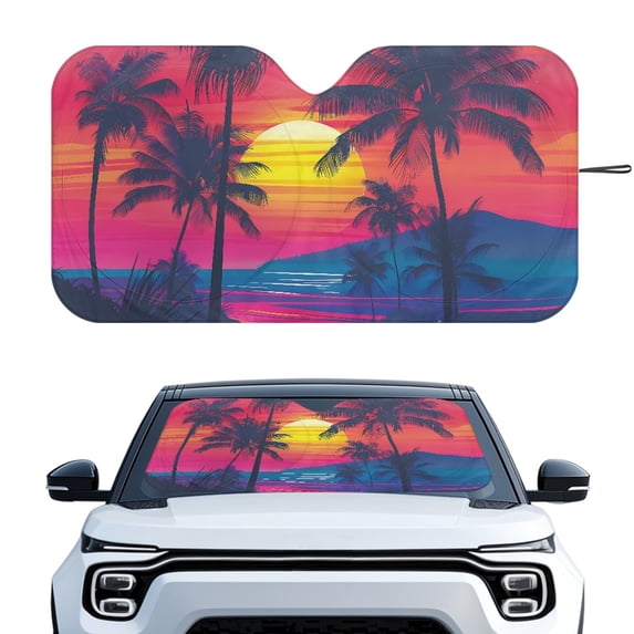 Yuyamidu Sunset Car Sun Shade Windshield Coconut Tree Front Windshield Sunshade for Car SUV Van Foldable Automotive Sun Visor Car Protector Accessories Keep Your Vehicle Cool