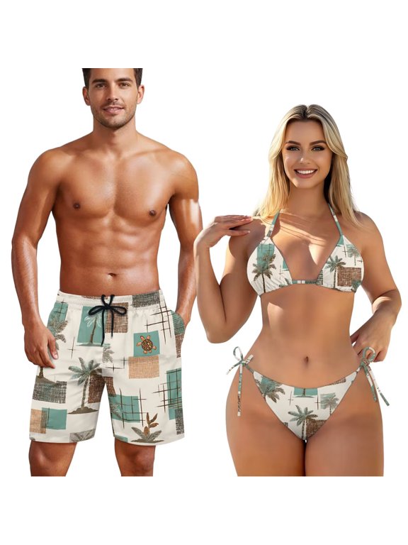 His and Hers Swimsuits Matching Set Mens Beach Shorts Halter Bikini Sets for Women Matching Swim Suits Cheeky 2 Piece Bathing Suits High Cut Swimsuit Palm Tree Plaid Man S
