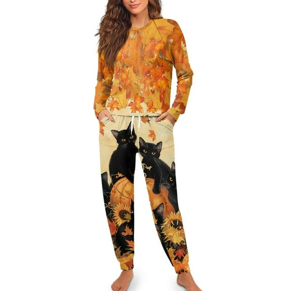 Yuyamidu Thanksgiving Pajamas for Ladies Size M Black Cat Long Sleeve Night Clothes Maple Leaves Round Neck Sleep Set 2 Packs Women's Pjs for Fall Winter Spring