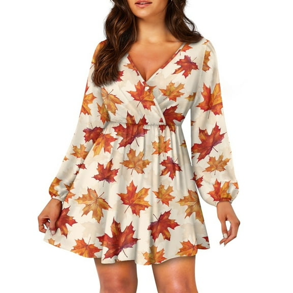 Yuyamidu Thanksgiving Womens Long Sleeve Dress Comfy A-Line Dress Beach Party Dresses Size L Girls Lady Knee Length Twirl Dress Fall Maple Leaves Elegant Dress