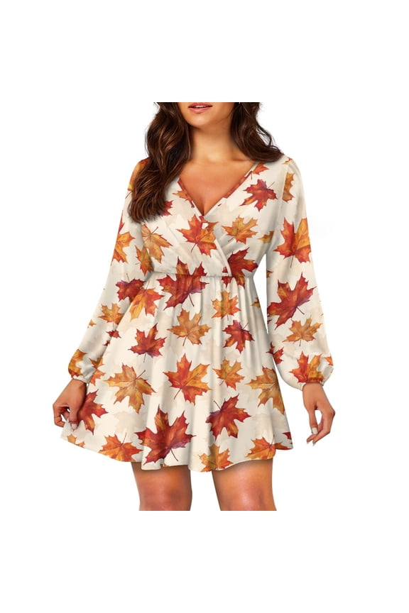 Thanksgiving Womens Long Sleeve Dress Comfy A-Line Dress Beach Party Dresses Size M Girls Lady Knee Length Twirl Dress Fall Maple Leaves Elegant Dress