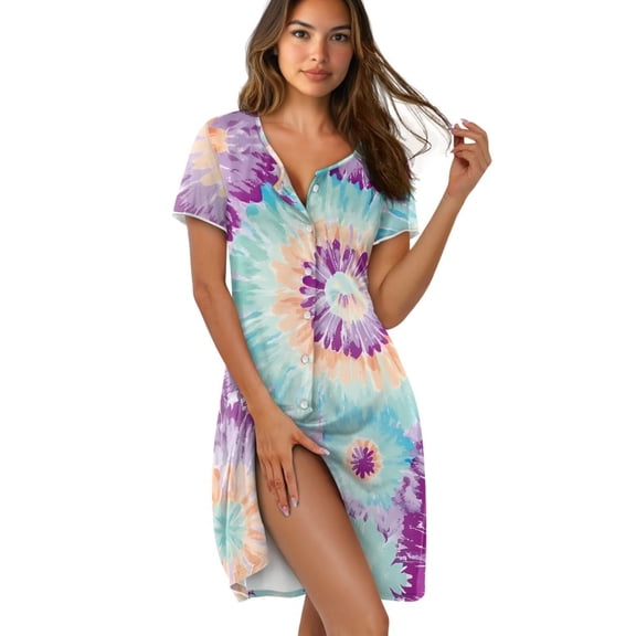 Yuyamidu Tie Dye Sleep Shirts for Women Button Down Short Sleeve Nightshirt Crew Neck Nightgowns Ladies Nightdress