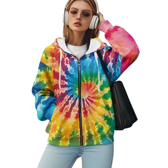 Yuyamidu Tie Dye Sweatshirts for Women Trendy Rainbow Hoodie Zip Up Hoodie Oversized Sweatshirt Plus Size Women's Hooded Ladies Sweatshirts with Zipper 2XL