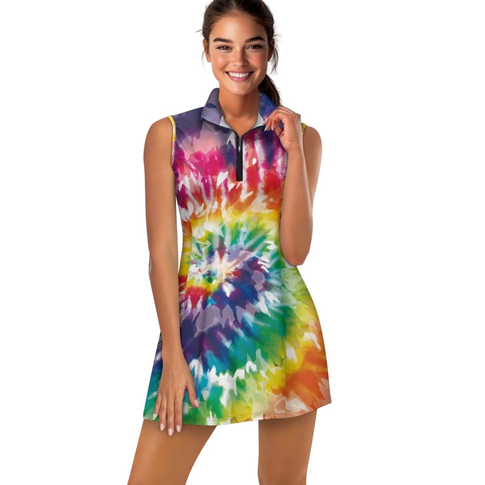 Yuyamidu Tie Dye Womens Tennis Golf Dresses A Line Sleeveless Golf Outfits for Women 2 Piece Sets Pants Half Zipper Summer Outfits with Two Side Pockets Size M