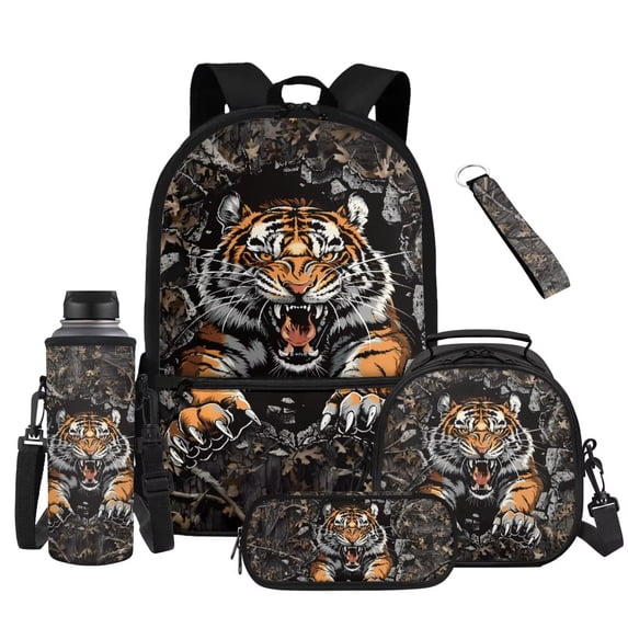 Yuyamidu Tiger Backpack for Boys 8-12, 17 Inch Kids School Backpack with Lunch Box, Pencil Case, Water Bottle Pouch and Keychain, Lightweight Large Capacity 5-Piece Back to School Set