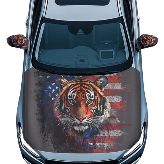 Yuyamidu Tiger Car Hood Cover American Flag Rearview Protector for Sedan Car Front Hood Cover Stretchy Car Side View Mirror Cover Automobile Decorative Accessories, Set of 3