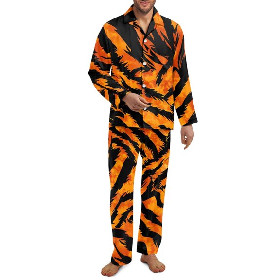 Yuyamidu Tiger Stripe Button Up Pajamas for Men Size 4XL 2 Packs Men's Pjs Loungewear for Fall Winter Spring Casual Long Sleeve Night Clothes Soft Notch Collar Sleep Set