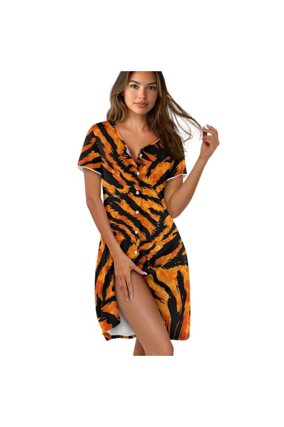 Tiger Stripes Summer Women's Nightgown Short Sleeve Knee-Length Button-Down Sleepshirt Soft Breathable Comfortable Lounge Dress Lightweight Casual Sleepwear