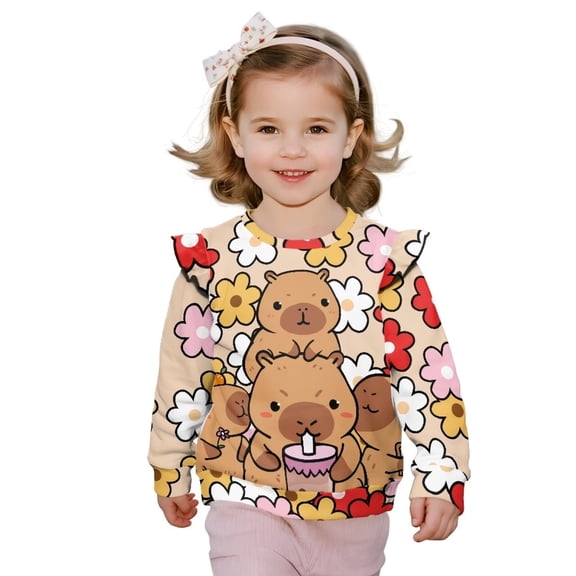 Yuyamidu Toddler Capybara Sweatshirt for Girls 2T 3T Cute Ruffle Shoulder Long Sleeve Top Y2K Graphic Crewneck Sweatshirts Soft Lightweight Workout Pullover Everyday Clothes