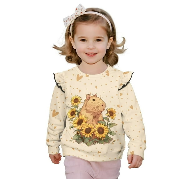 Yuyamidu Toddler Girl Crewneck Sweatshirt 3T 4T Cute Sunflower Capybara Graphic Ruffle Shoulder Long Sleeve Tops Lightweight Soft for Fall School Outdoor