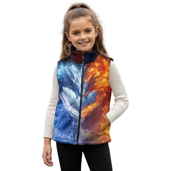 Yuyamidu Toddler Girl Fuzzy Fleece Vest with Pockets Fire and Ice Dragon Design Zip Up Sleeveless Stand Collar Vest Coat Lightweight Warm Jacket for Outdoor School 4T