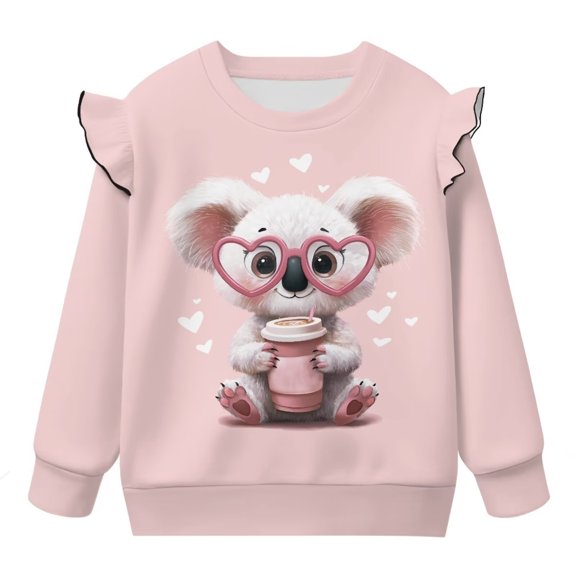 Yuyamidu Toddler Girl Koala Sweatshirt 2T 3T Drak Pink Crewneck Sweatshirt Graphic Y2K Ruffle Long Sleeve Top Lightweight Soft Workout Pullover Casual Fall Outfits