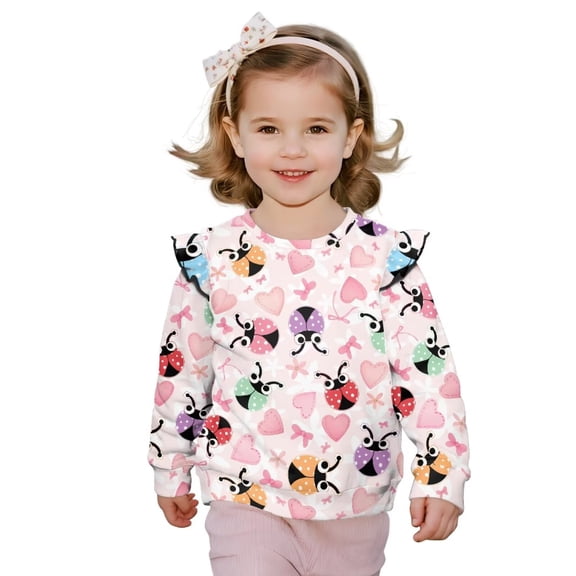 Yuyamidu Toddler Ladybug Sweatshirt for Girls 1T 2T Ruffle Shoulder Crewneck Sweatshirts Y2K Graphic Fall Soft Lightweight Long Sleeve Pullover Tops Casual Playwear Everyday Clothes