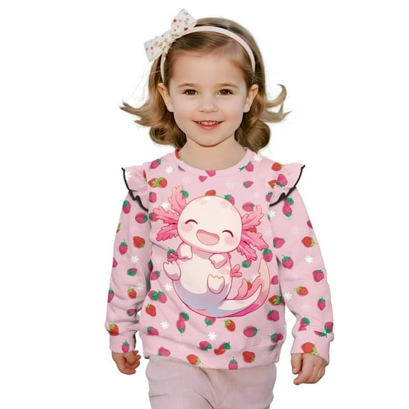 Yuyamidu Toddler Strawberry Axolotl Sweatshirt for Girls 1T-2T Pink Long Sleeve Ruffle Shoulder Crewneck Sweatshirts Pullover Tops Soft Lightweight Play Wear for School Outdoor