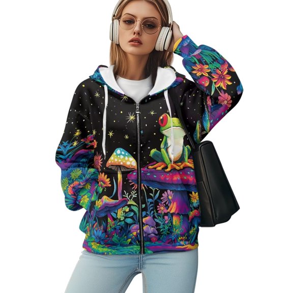 Yuyamidu Tree Frog Zipper Hoodies for Women Oversized Mushroom Fall Fashion 2025 Casual Winter Jackets Trendy Hooded Zip up Sweatshirt