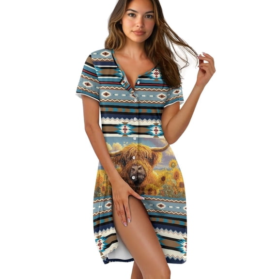Yuyamidu Tribal Aztec Women's Nightgown Short Sleeve Sleepwear Comfy Sleepshirts Knee Length Housecoat